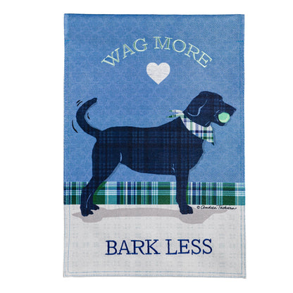 Garden burlap flag Wag More Bark Less with white heart and running dog on blue background on Tampa Home & Garden Store