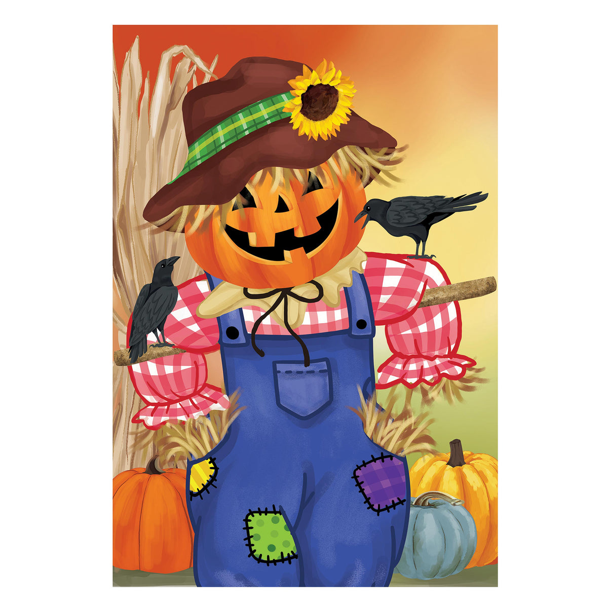 Jack The Scarecrow burlap garden flag featuring pumpkins, a scarecrow in overalls, and crows on Tampa Home & Garden Store