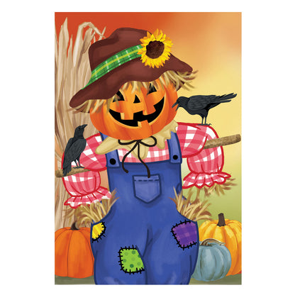 Jack The Scarecrow burlap garden flag featuring pumpkins, a scarecrow in overalls, and crows on Tampa Home & Garden Store