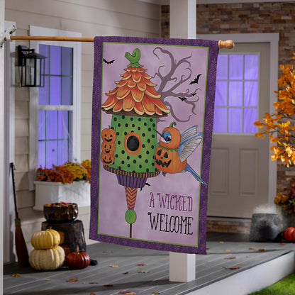 Trick or Tweet Suede House Flag with purple border Halloween pumpkins bats artwork on porch rod on Tampa Home & Garden Store