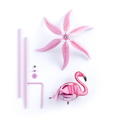 36in Solar Flamingo Staked Wind Spinner with pink leaf blades and stake poles on Tampa Home & Garden Store