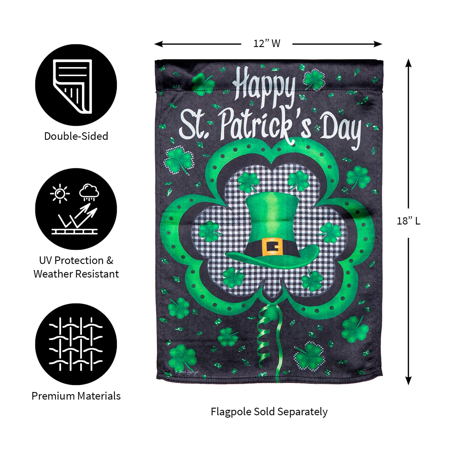 Welcome St. Pats Lustre Flag, double-sided, 12W x 18L with shamrocks and leprechaun hat on Tampa Home & Garden Store