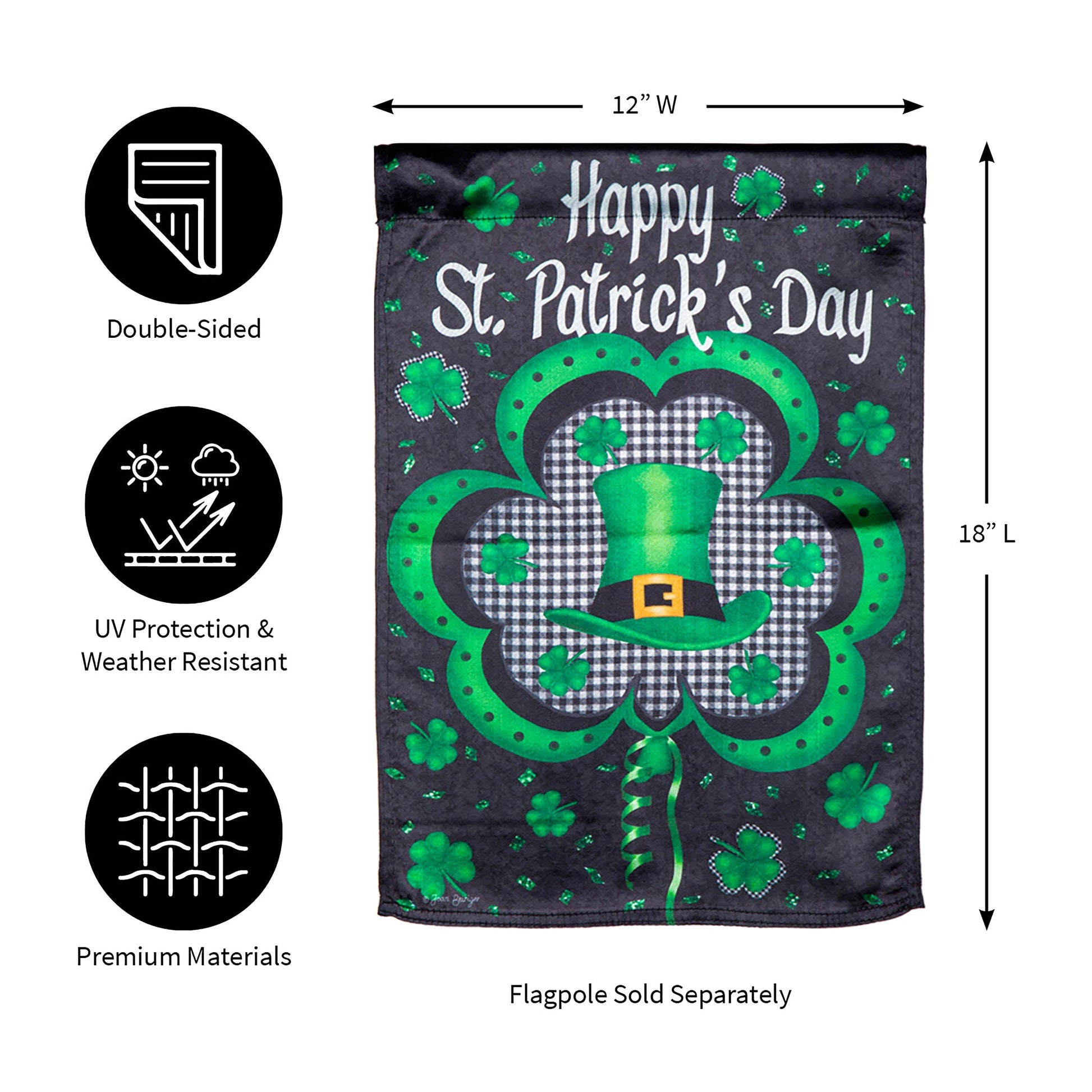 Welcome St. Pats Lustre Flag, double-sided, 12W x 18L with shamrocks and leprechaun hat on Tampa Home & Garden Store