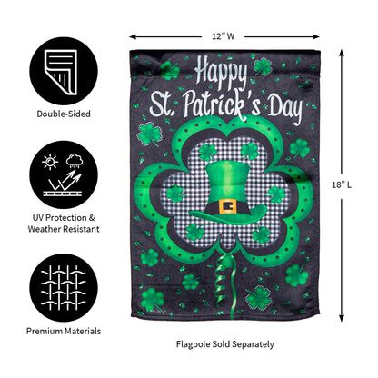 Welcome St. Pats Lustre Flag, double-sided, 12W x 18L with shamrocks and leprechaun hat on Tampa Home & Garden Store