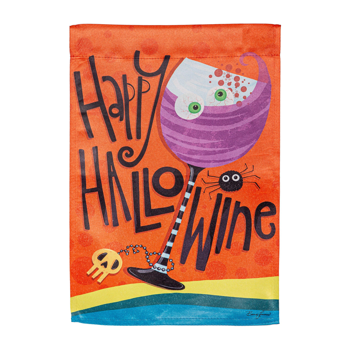 Happy Hallowine Suede Garden Flag orange Halloween flag with black lettering and purple swirl on Tampa Home & Garden Store