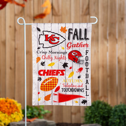 Moire garden flag Kansas City Chiefs with red and gold helmet on gray woodgrain background on Tampa Home & Garden Store