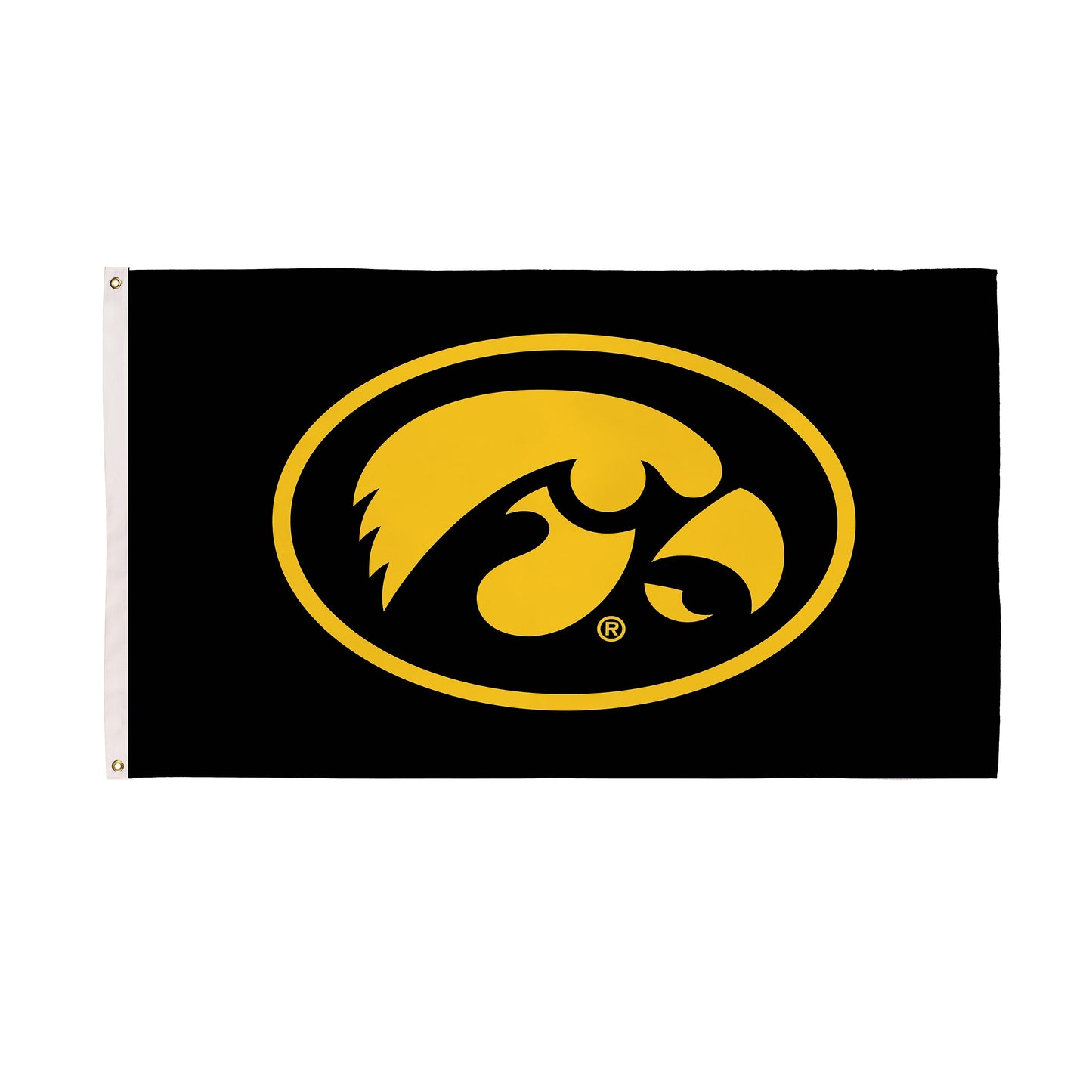 University of Iowa single-sided estate flag, 3x5 ft, black with gold circular Hawkeye emblem, 2 left grommets on Tampa Home & Garden Store