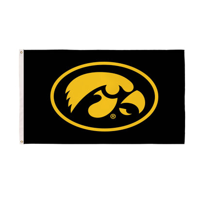 University of Iowa single-sided estate flag, 3x5 ft, black with gold circular Hawkeye emblem, 2 left grommets on Tampa Home & Garden Store