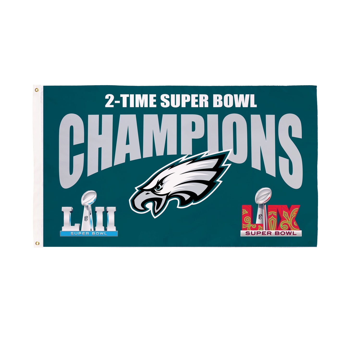 Philadelphia Eagles 3x5 sublimated flag with 2-time Super Bowl champions and eagle head on Tampa Home & Garden Store