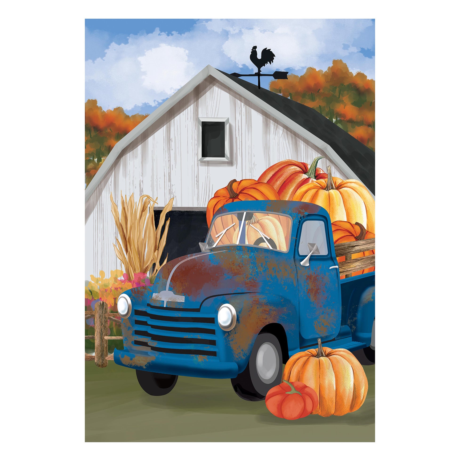 Barns & Harvest Suede House Flag Evergreen Enterprises pumpkins and blue truck on Tampa Home & Garden Store