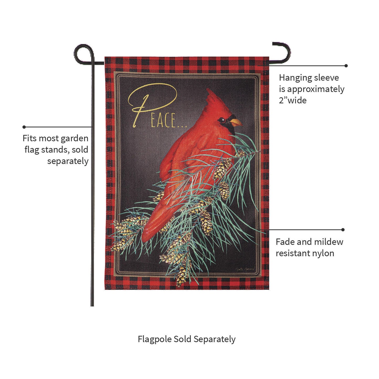 Cardinal Peace Burlap Garden Flag red plaid border by Evergreen Enterprises on Tampa Home & Garden Store