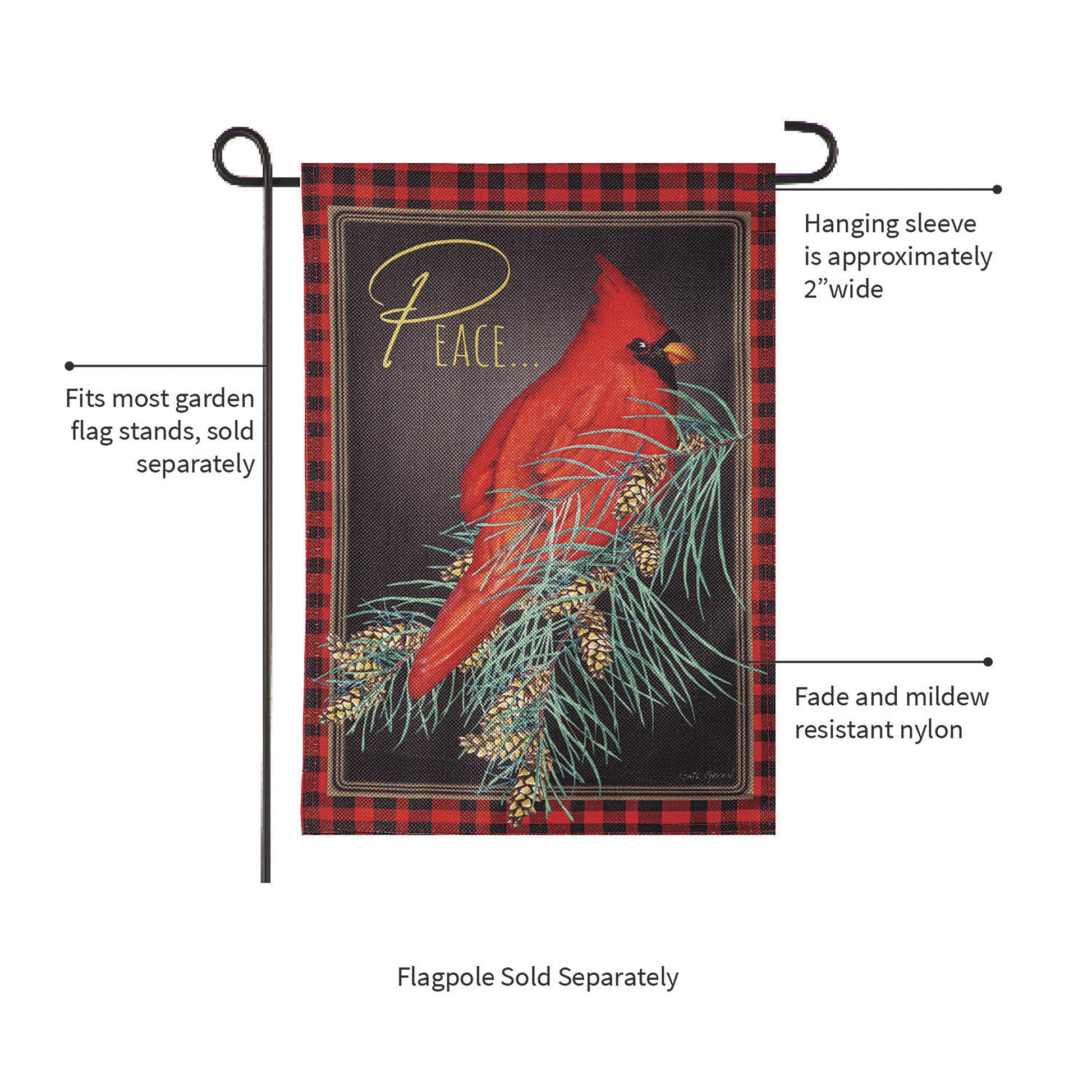 Cardinal Peace Burlap Garden Flag red plaid border by Evergreen Enterprises on Tampa Home & Garden Store