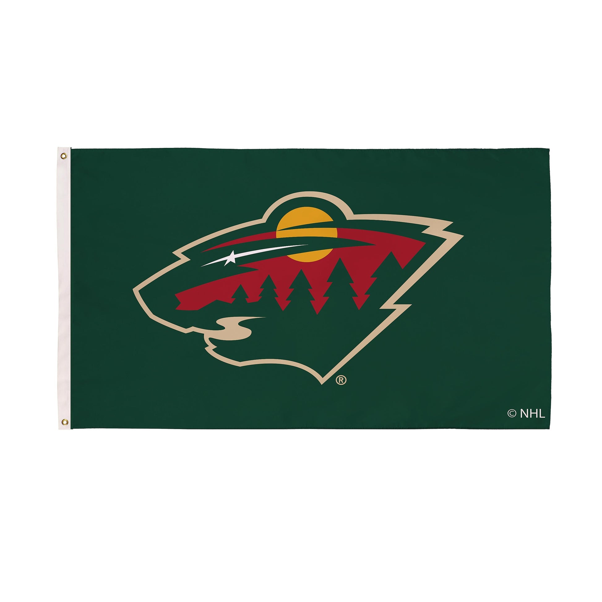 Minnesota Wild 3x5 single-sided sublimated flag with 2 grommets featuring team logo on dark green on Tampa Home & Garden Store