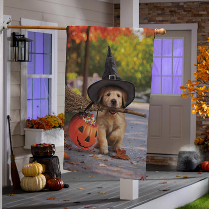 Goldens With Broom Suede House Flag featuring a golden retriever in witch hat with pumpkin on Tampa Home & Garden Store