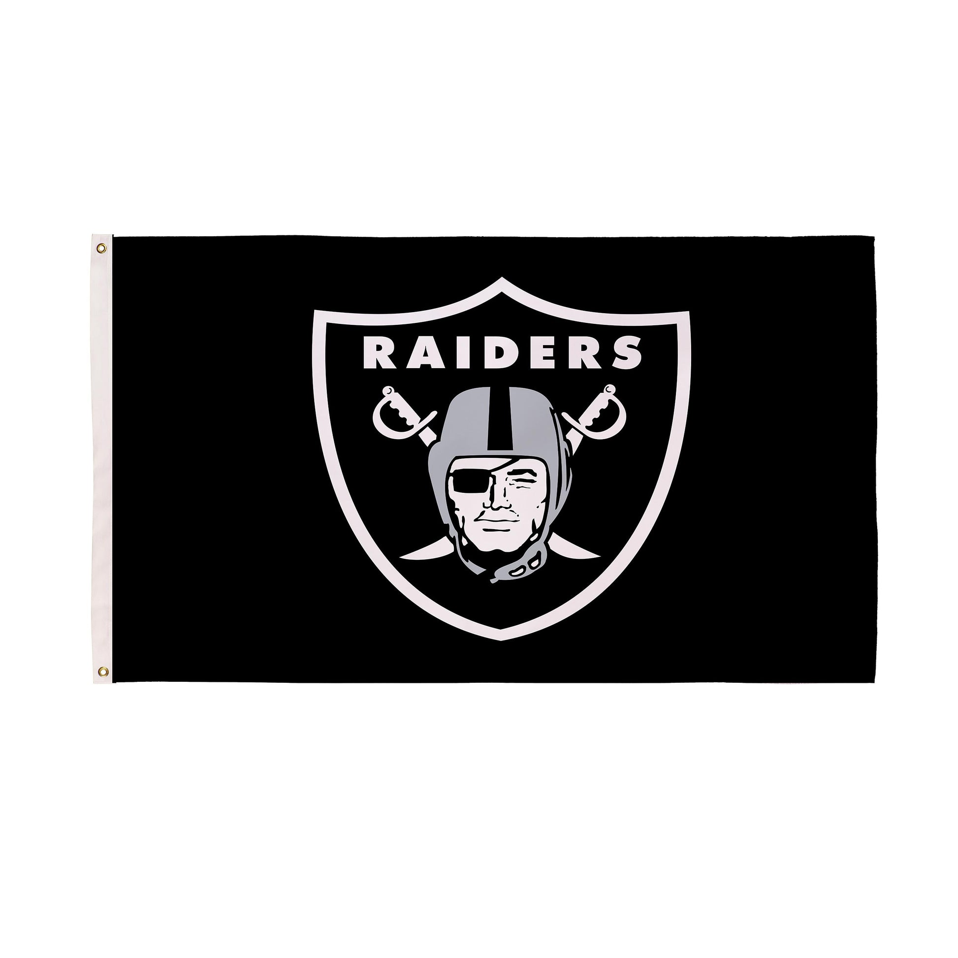 Las Vegas Raiders sublimated flag 3x5, single-sided with 2 grommets, black shield on Tampa Home & Garden Store