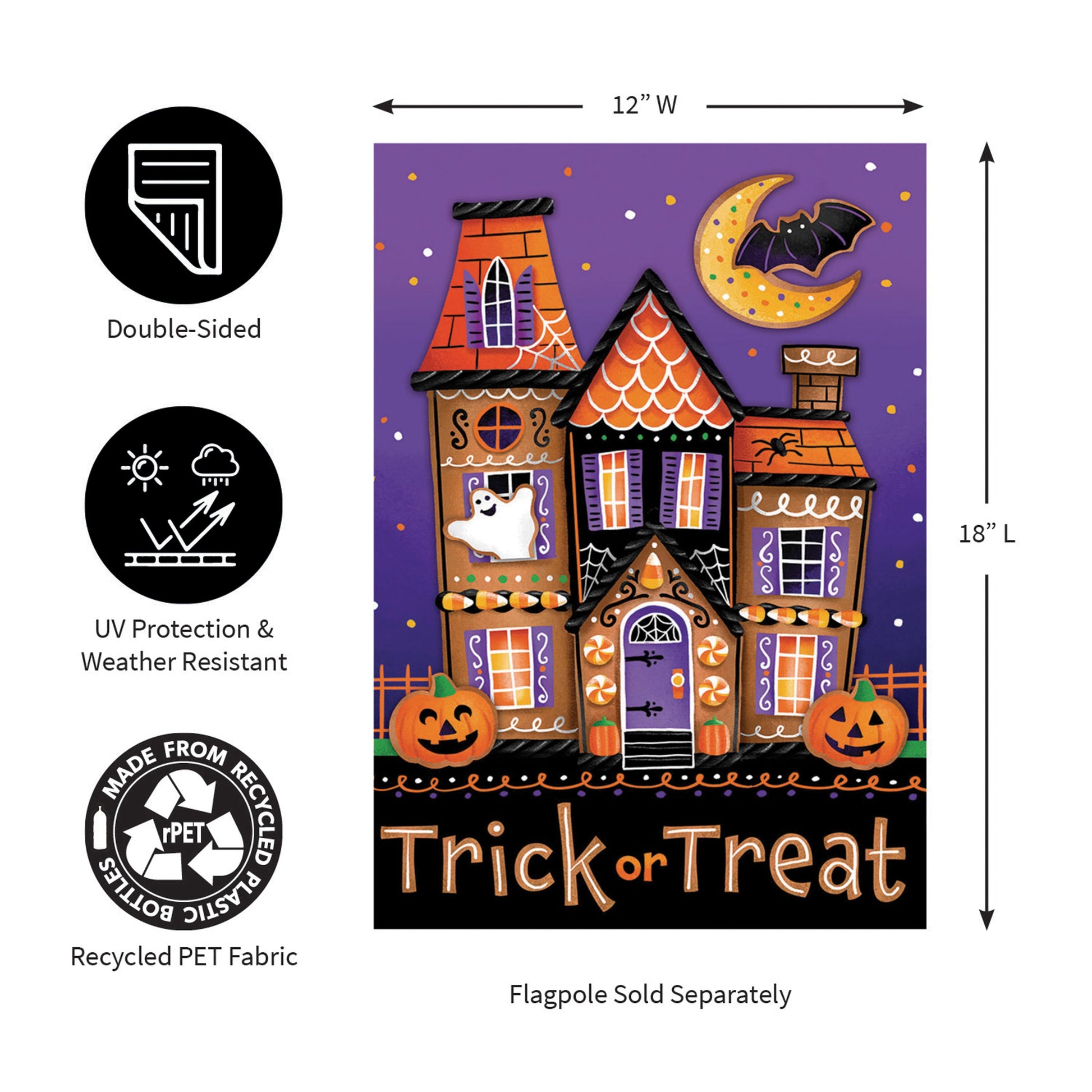 Trick or Sweets Lustre Garden Flag by Evergreen Enterprises; Halloween flag with houses on Tampa Home & Garden Store