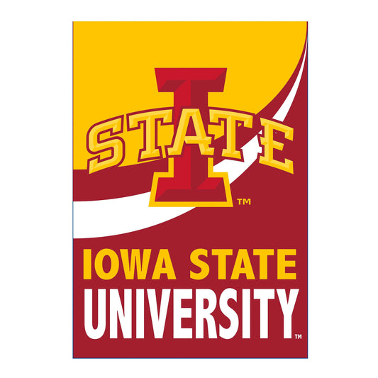 Iowa State University Burlap Flag house size with maroon background and yellow IOWA STATE text on Tampa Home & Garden Store