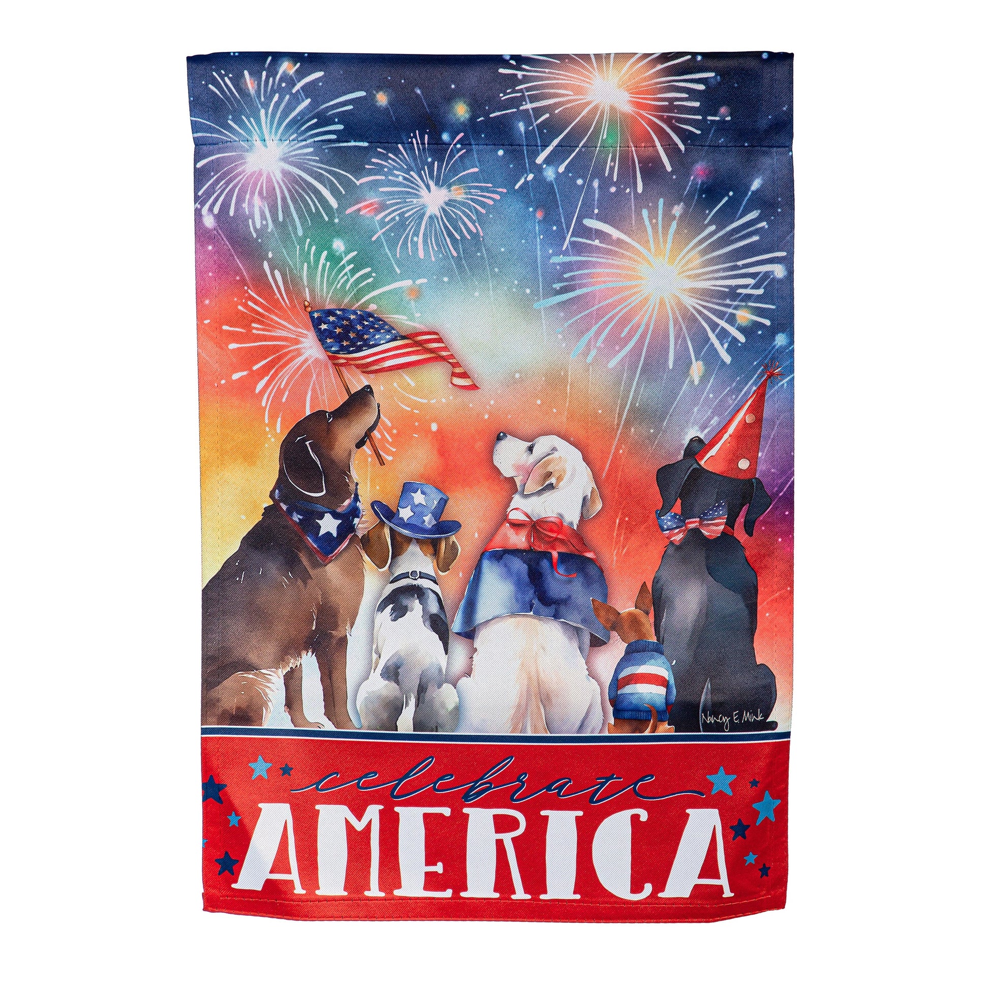 Patriotic Pups Suede Garden Flag featuring dogs in patriotic outfits under fireworks on Tampa Home & Garden Store
