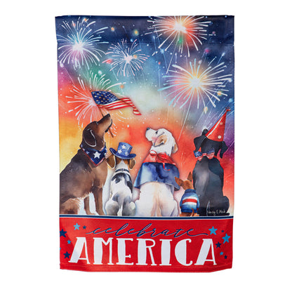 Patriotic Pups Suede Garden Flag featuring dogs in patriotic outfits under fireworks on Tampa Home & Garden Store