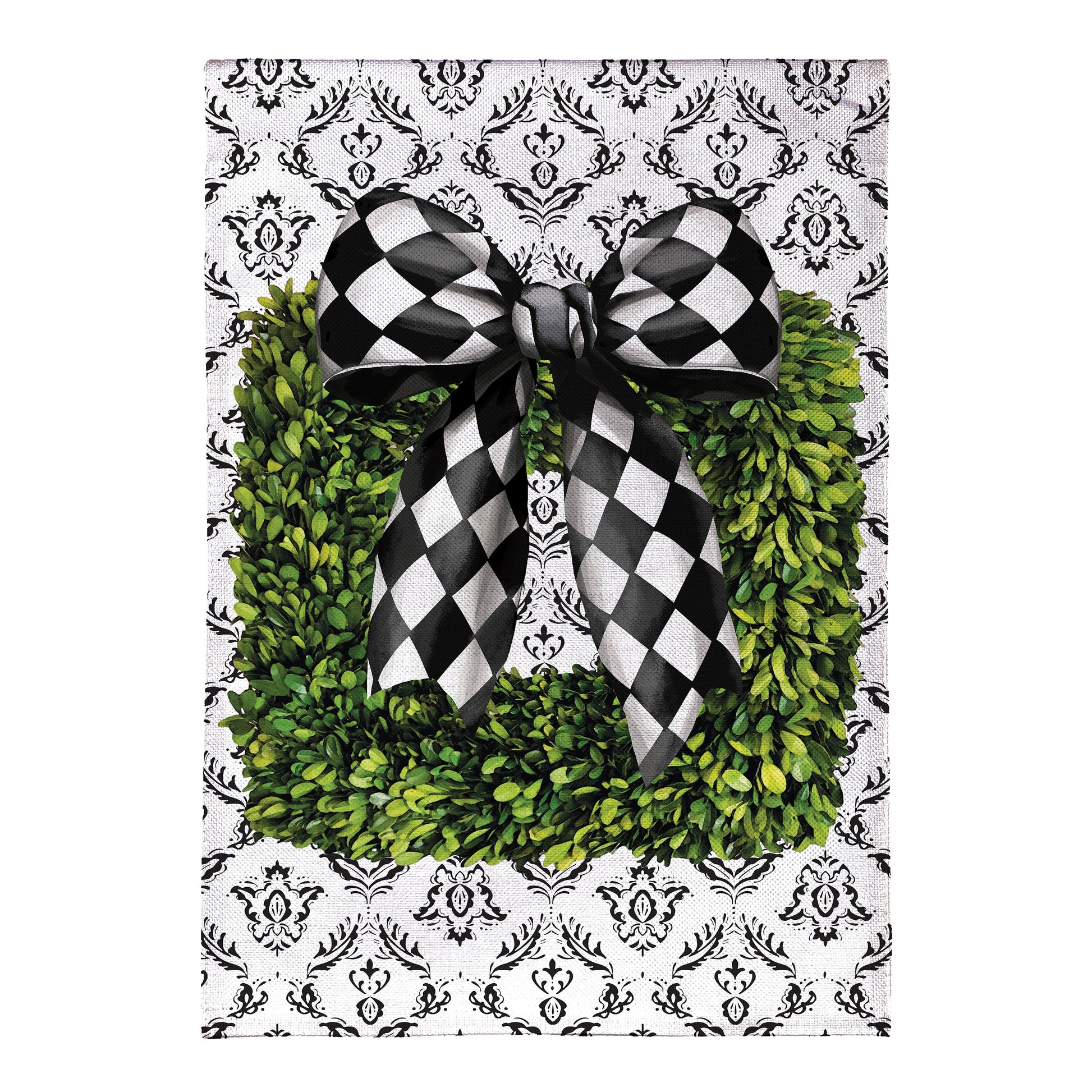 Black & White Bow Topiary Burlap Garden Flag with damask and bow Evergreen Enterprises on Tampa Home & Garden Store