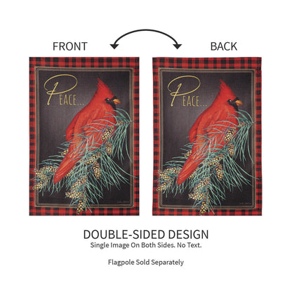 Cardinal Peace Burlap Garden Flag with red plaid border and cardinal motif, double-sided on Tampa Home & Garden Store