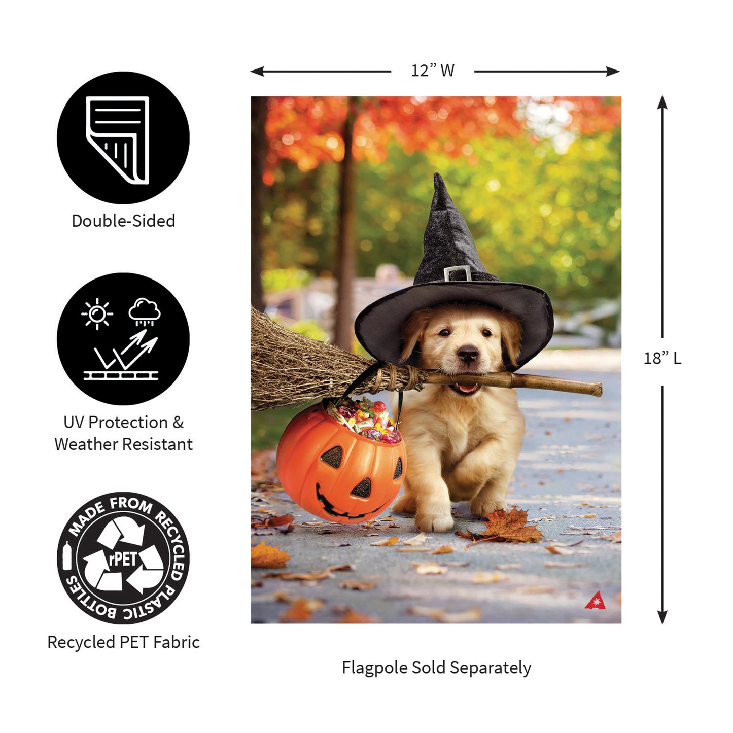 Goldens With Broom suede garden flag shows a golden retriever in witch hat with pumpkin bucket on Tampa Home & Garden Store