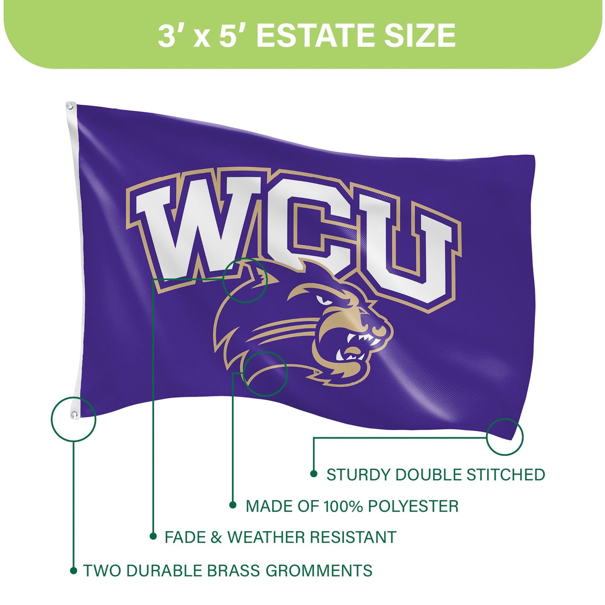 Western Carolina University single-sided 3x5 flag with two grommets on purple field on Tampa Home & Garden Store