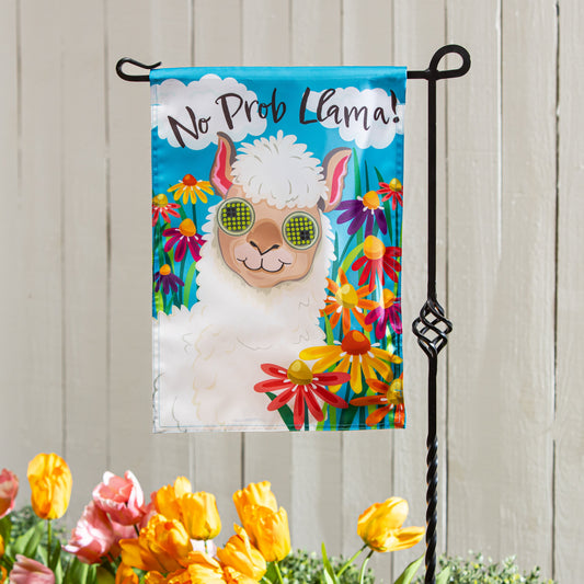 Animated No Prob Llama applique lighted garden flag with blue background and flowers on Tampa Home & Garden Store