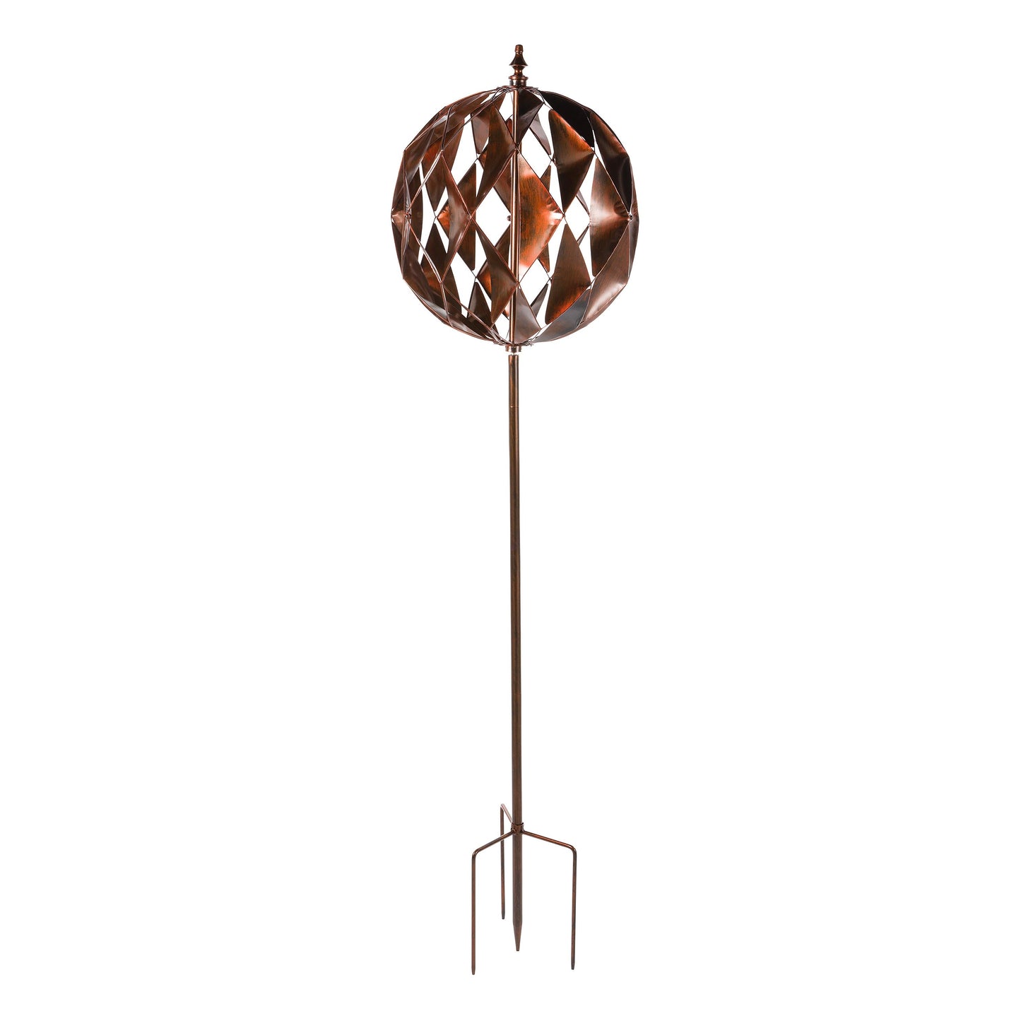 Harlequin Ball Wind Spinner copper-toned metal on stake on Tampa Home & Garden Store