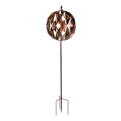 Harlequin Ball Wind Spinner copper-toned metal on stake on Tampa Home & Garden Store