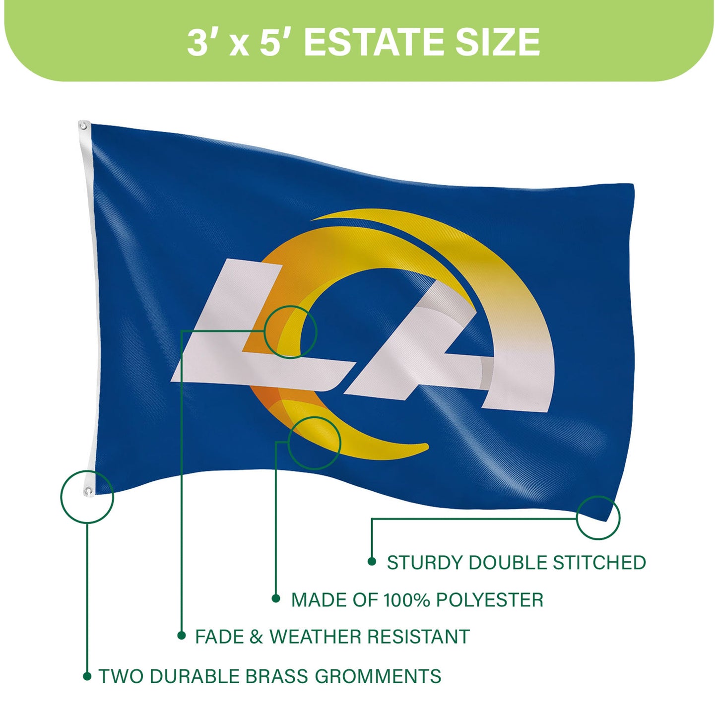 Los Angeles Rams flag, single-sided 3x5 with 2 grommets, blue field and Rams logo on Tampa Home & Garden Store
