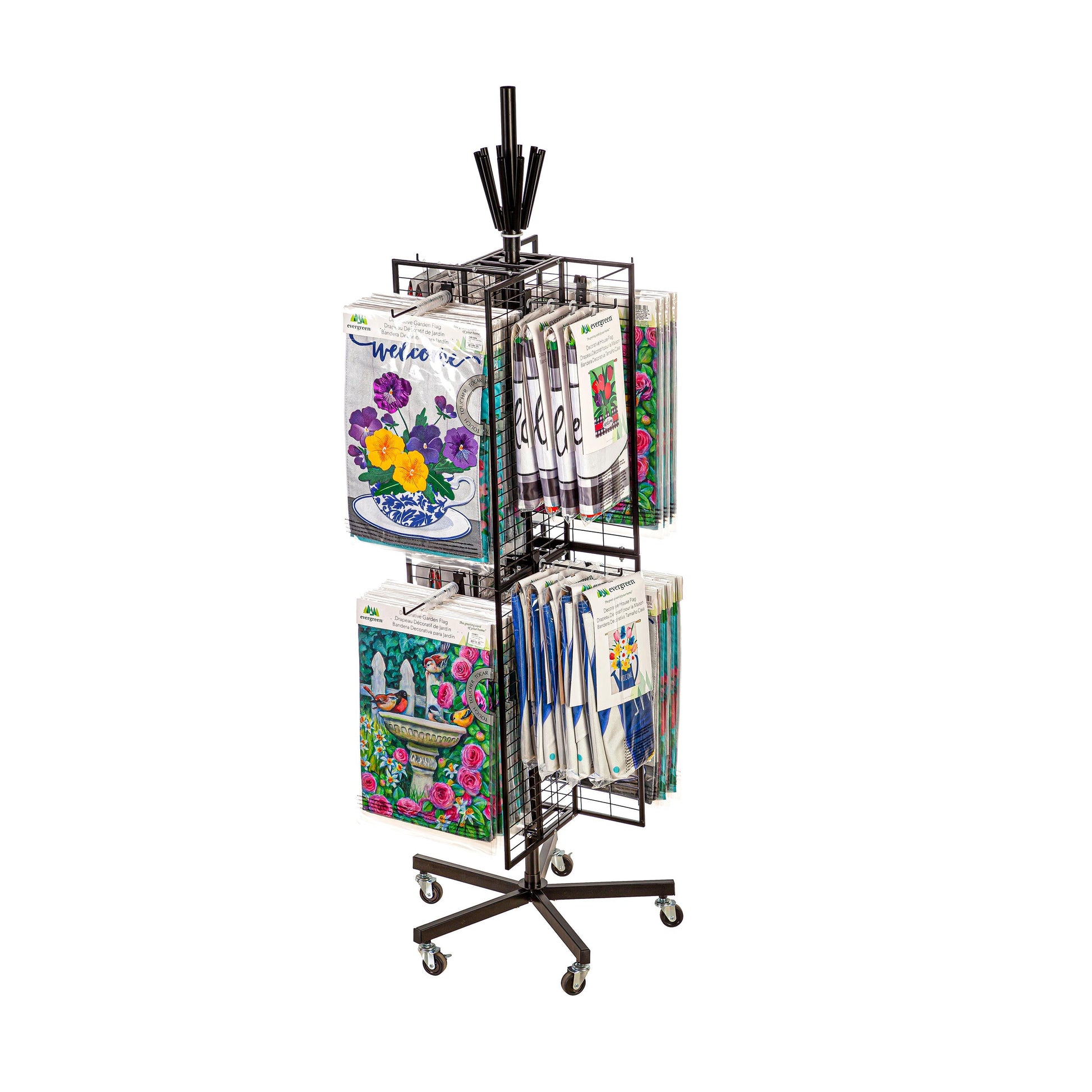 Flag grid display with pinwheel holder on a wheeled black metal stand holding Evergreen flags on Tampa Home & Garden Store