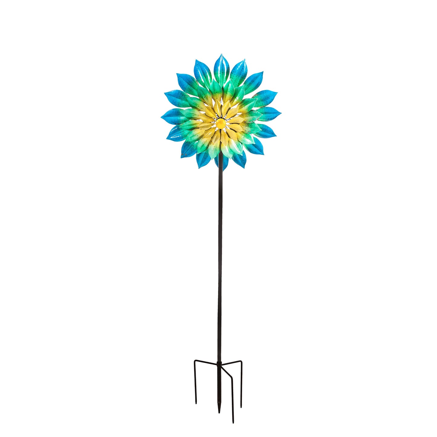 75H Wind Spinner Oceanic color-wheel flower with blue green yellow petals on a metal stake on Tampa Home & Garden Store