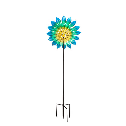 75H Wind Spinner Oceanic color-wheel flower with blue green yellow petals on a metal stake on Tampa Home & Garden Store