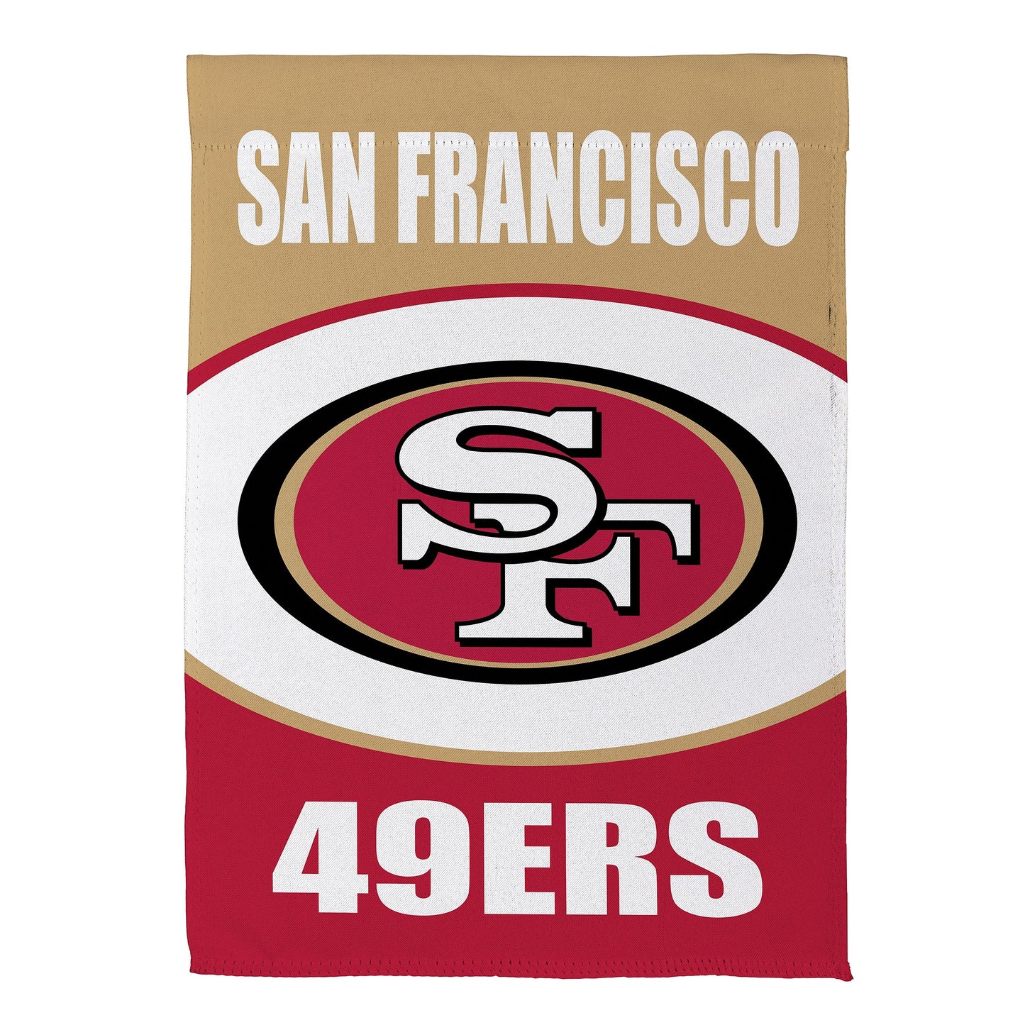 San Francisco 49ers suede flag tan background with white lettering and red logo on Tampa Home & Garden Store