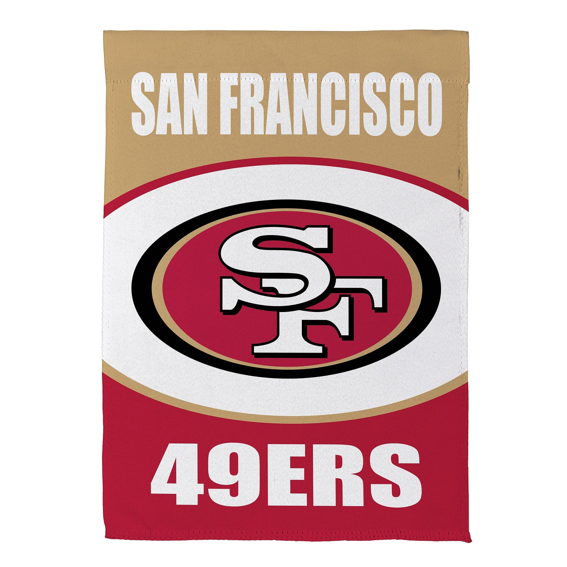 San Francisco 49ers suede flag tan background with white lettering and red logo on Tampa Home & Garden Store