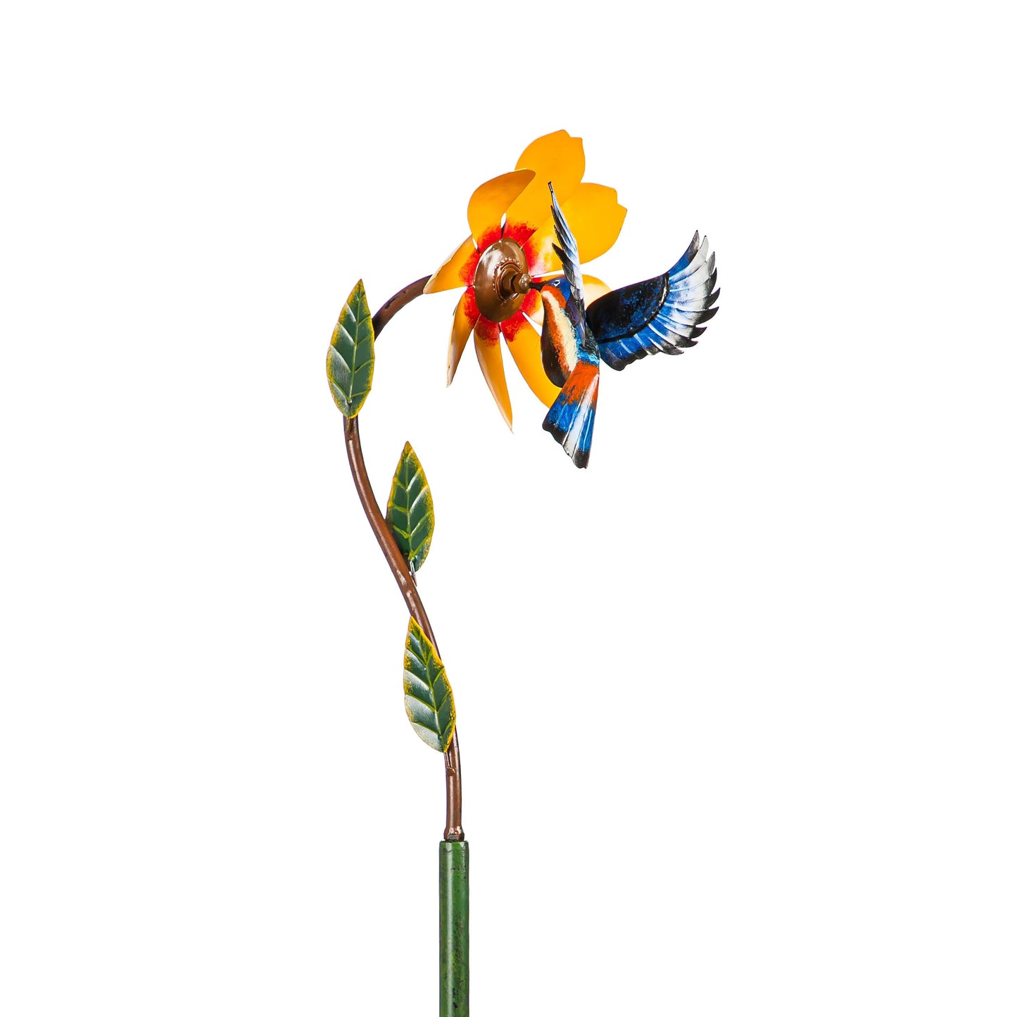 Metal Bird and Yellow Flower Spinner wind spinner with colorful bird on brown stake on Tampa Home & Garden Store
