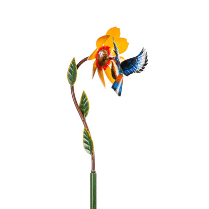 Metal Bird and Yellow Flower Spinner wind spinner with colorful bird on brown stake on Tampa Home & Garden Store