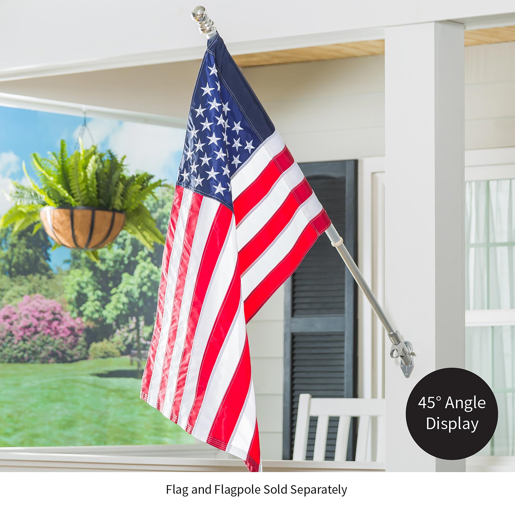 2-Position Aluminum House Flag Bracket mounted on white siding with American flag on Tampa Home & Garden Store