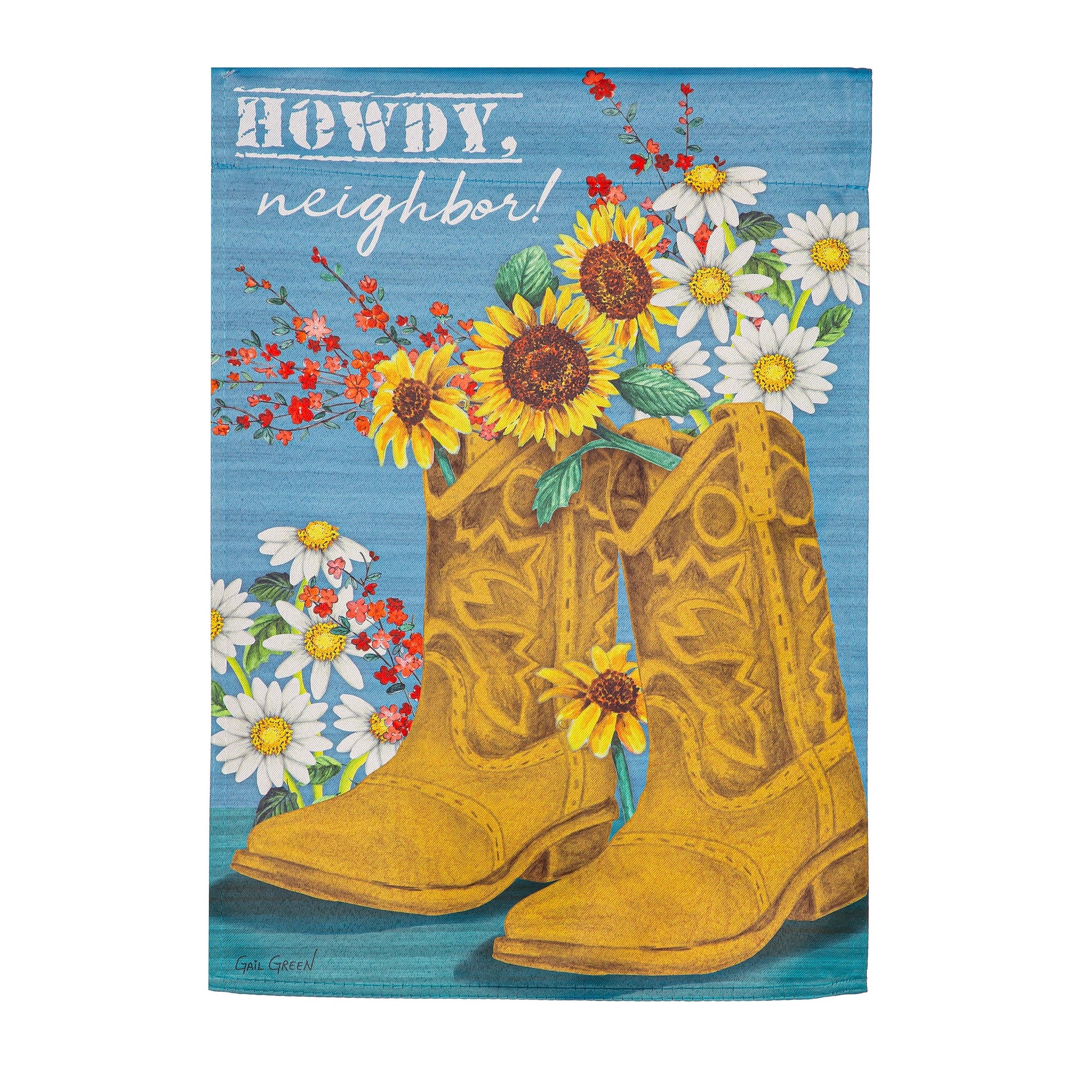 Western Boots Suede Garden Flag with sunflower bouquet on blue sky by Evergreen Enterprises on Tampa Home & Garden Store