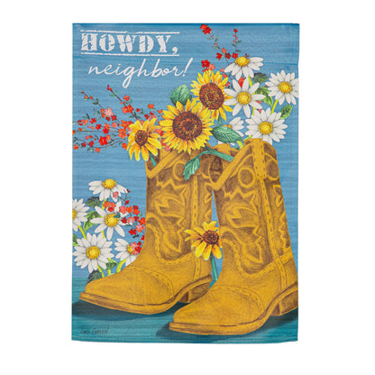 Western Boots Suede Garden Flag with sunflower bouquet on blue sky by Evergreen Enterprises on Tampa Home & Garden Store