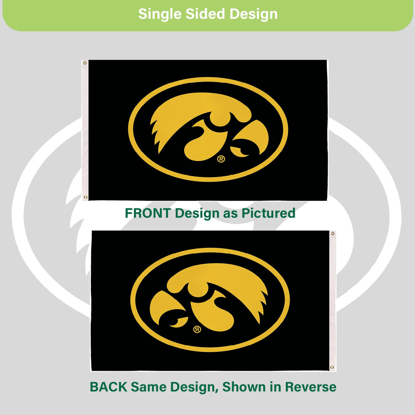 University of Iowa 3x5 flag, Hawkeye logo, 2 grommets, sublimated by Evergreen Enterprises on Tampa Home & Garden Store