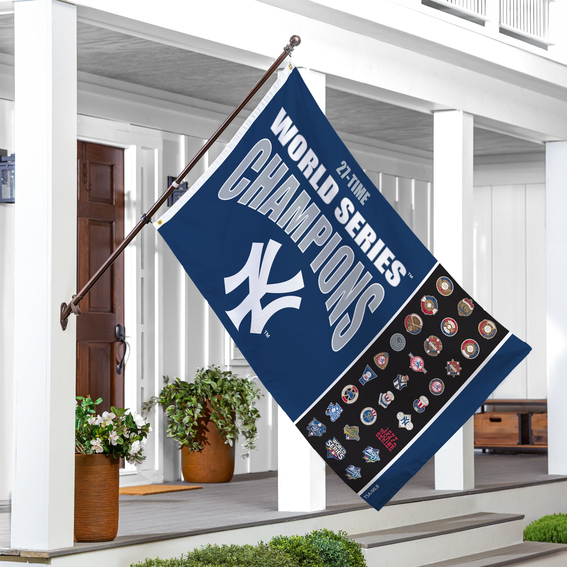 New York Yankees blue single-sided sublimated flag 3x5 with two grommets on porch pole on Tampa Home & Garden Store