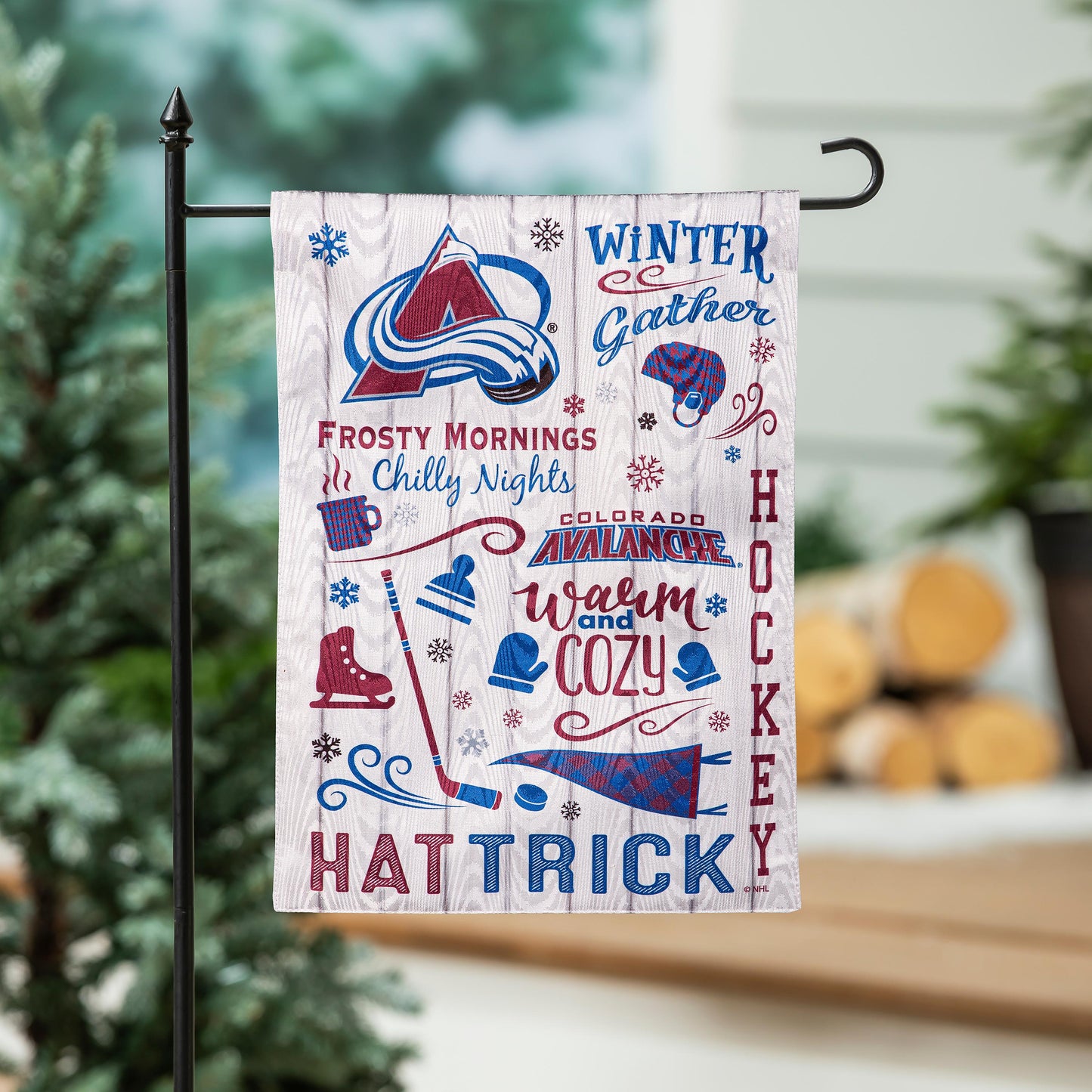 Colorado Avalanche moire flag with frosty winter graphics on a wood-grain background on Tampa Home & Garden Store