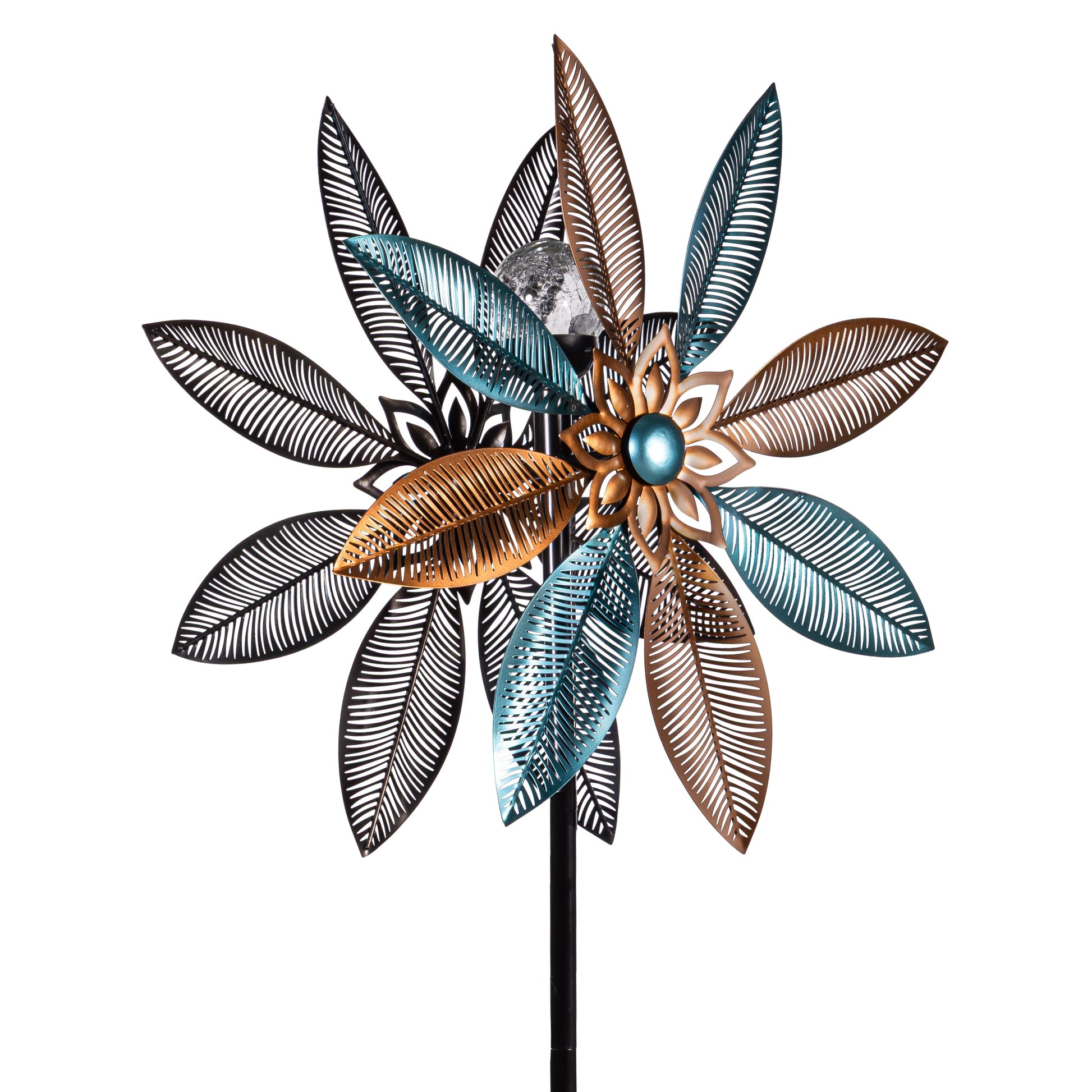Metal solar wind spinner copper turquoise pedal flower 75H by Evergreen Enterprises on Tampa Home & Garden Store