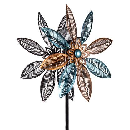 Metal solar wind spinner copper turquoise pedal flower 75H by Evergreen Enterprises on Tampa Home & Garden Store