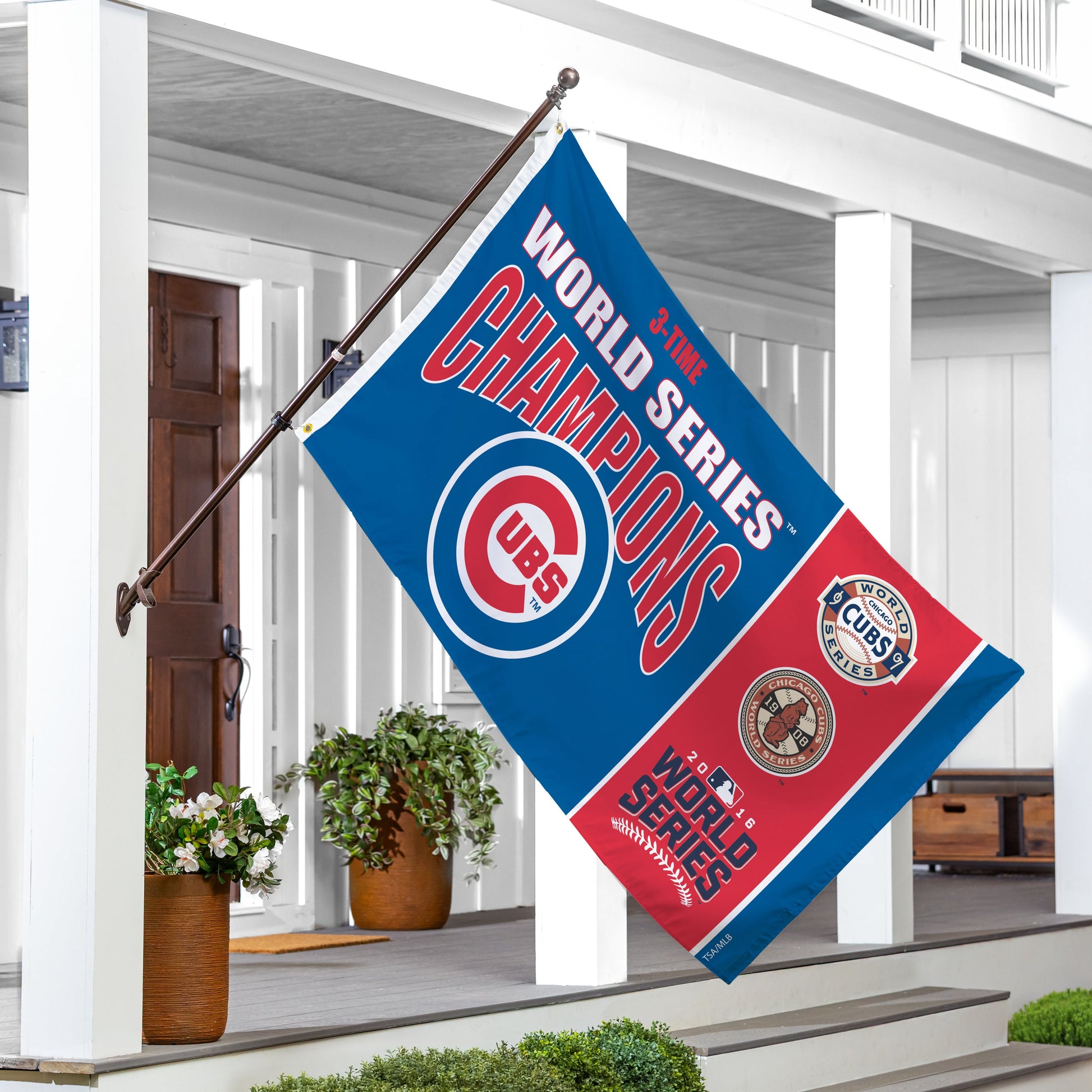 Chicago Cubs 3x5 sublimated flag, 2 grommets on a flagpole, blue with Cubs logos on Tampa Home & Garden Store