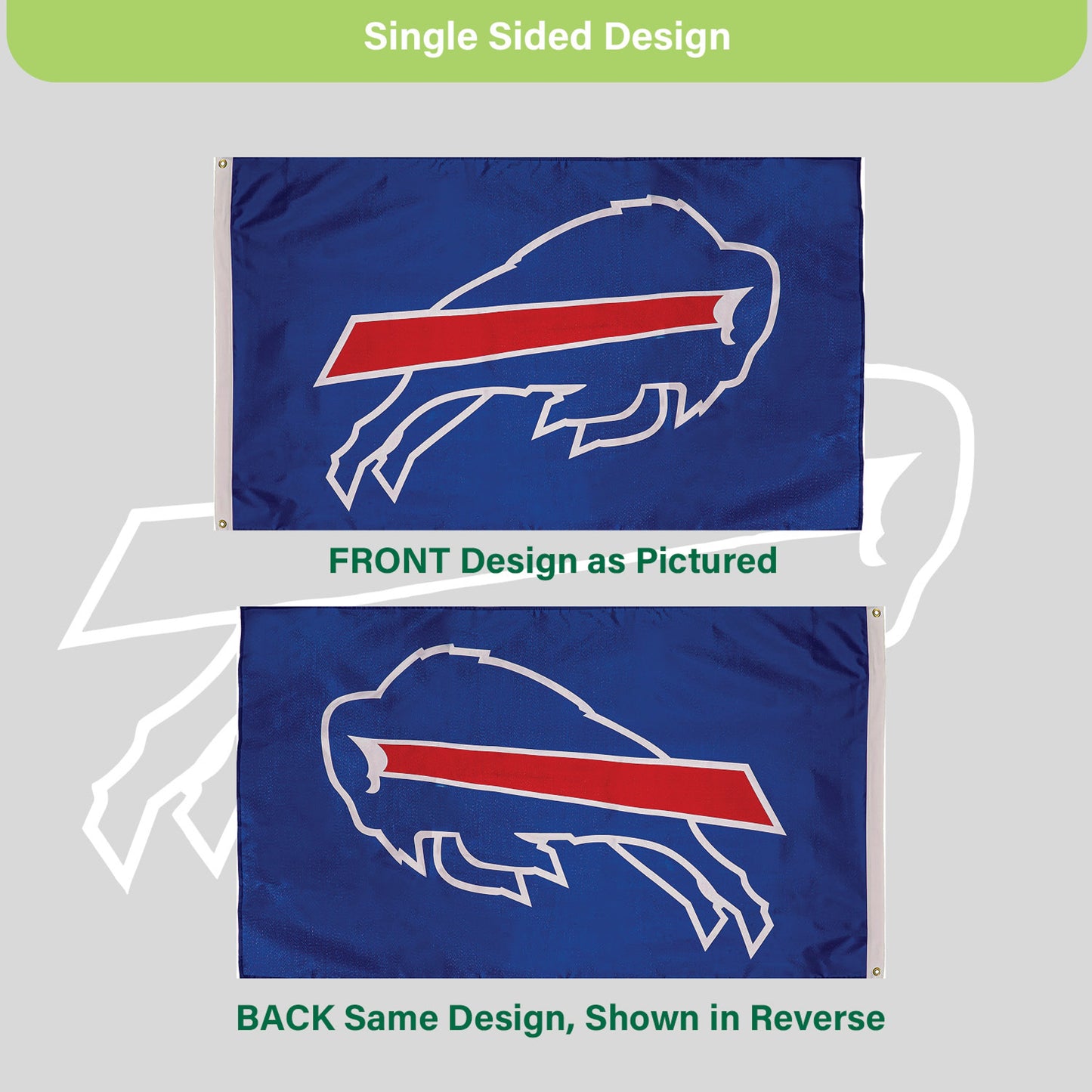 Buffalo Bills single-sided 3x5 flag with two grommets on blue field and white buffalo logo on Tampa Home & Garden Store