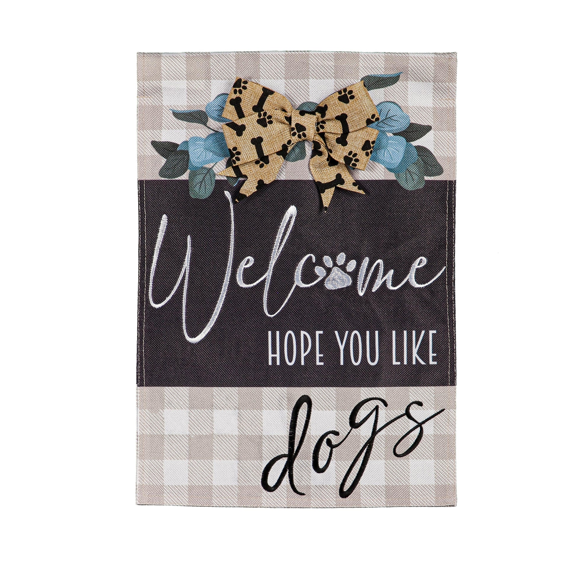 Dogs and Checks Burlap Flag by Evergreen Enterprises beige plaid burlap with bone bow on Tampa Home & Garden Store