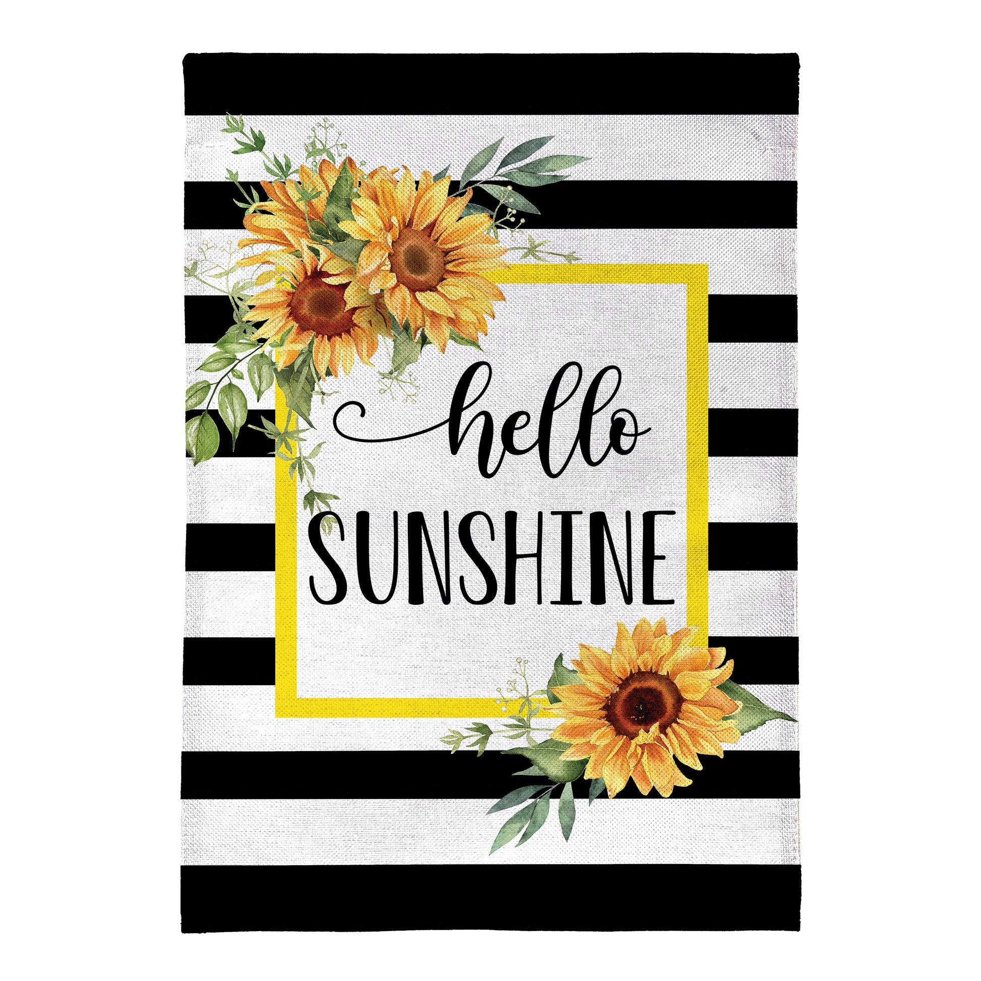 Hello Sunshine plaid burlap garden flag with sunflower bouquet and black stripes on Tampa Home & Garden Store